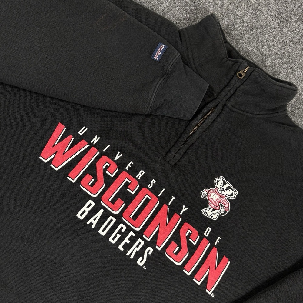 Vintage 90s Y2K JanSport Wisconsin‎ Badgers Sweatshirt Men XL 1/4 Zip Black Read